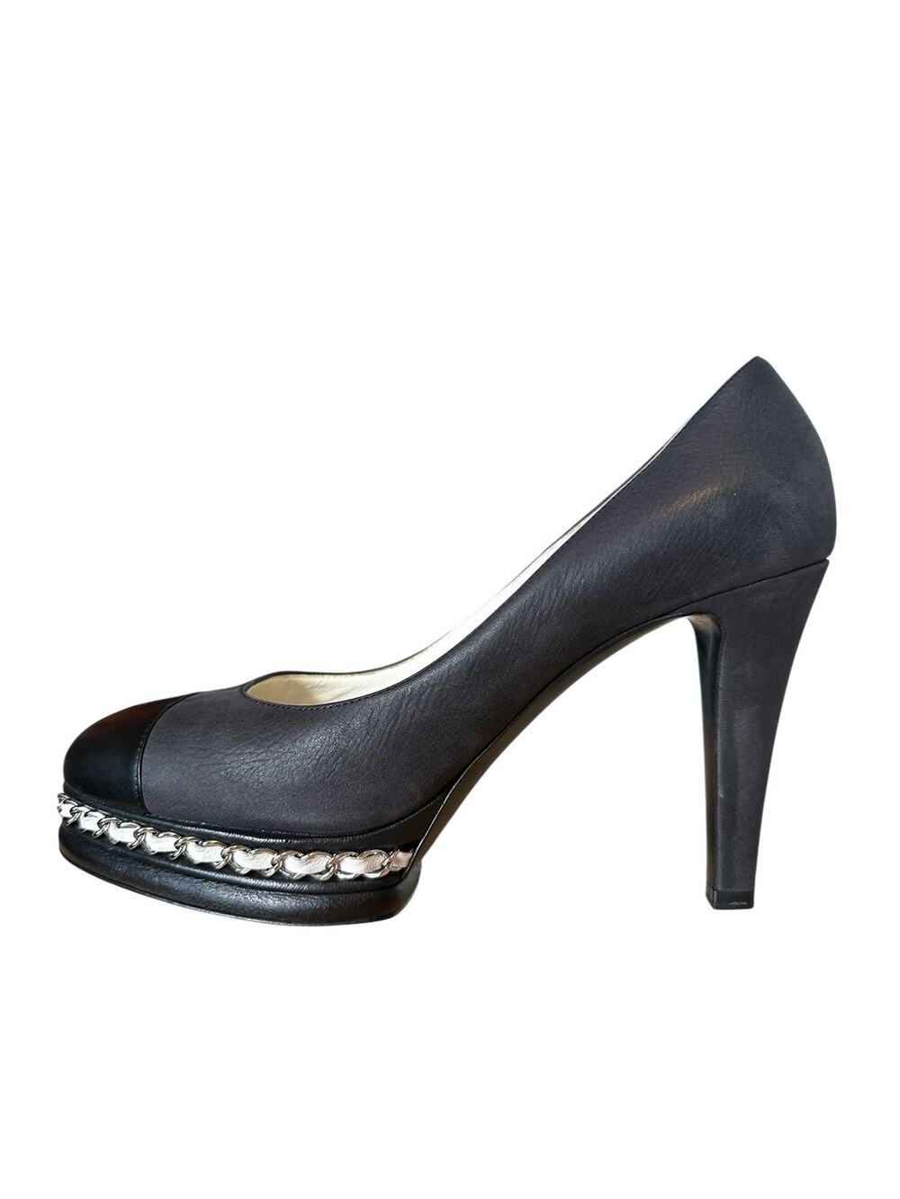 Chanel CC Cap Toe Chain Platform Pumps 39C Black 4” Heel G29068